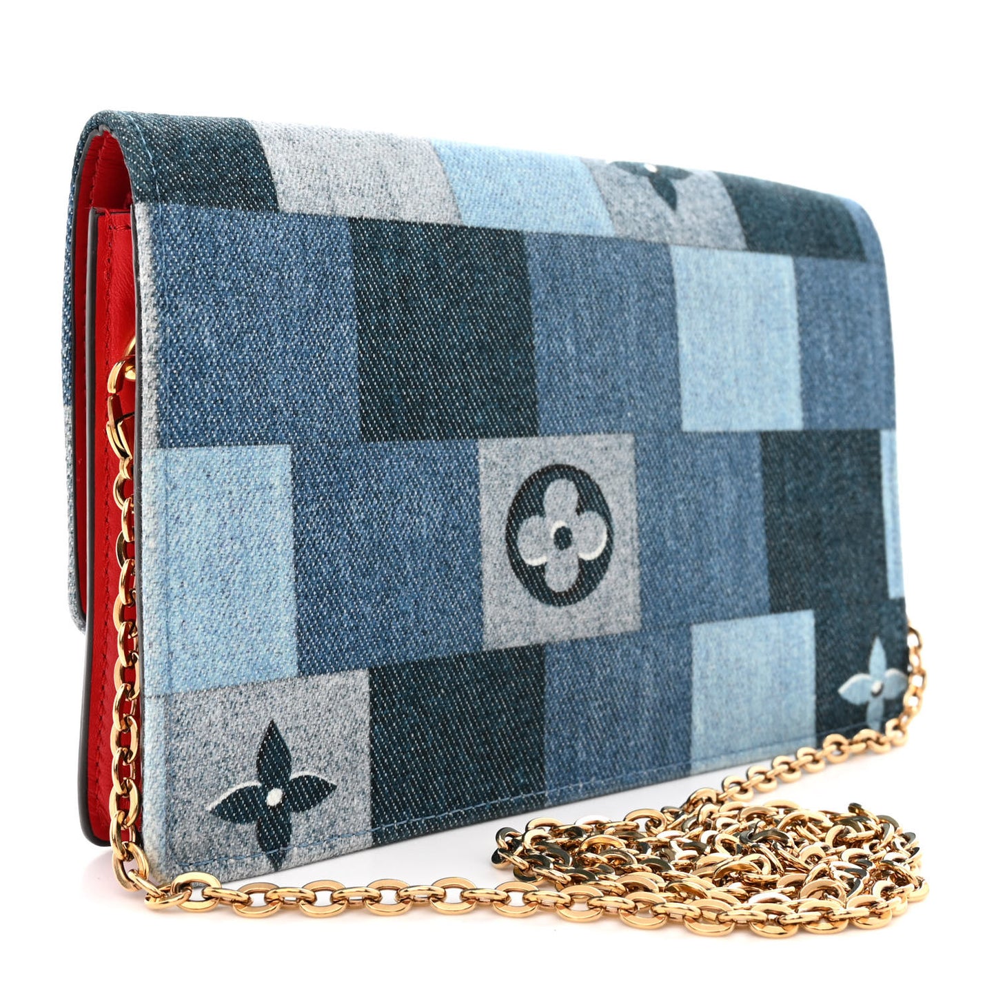 Denim Damier Monogram Patchwork Flore Chain Wallet Blue Rouge