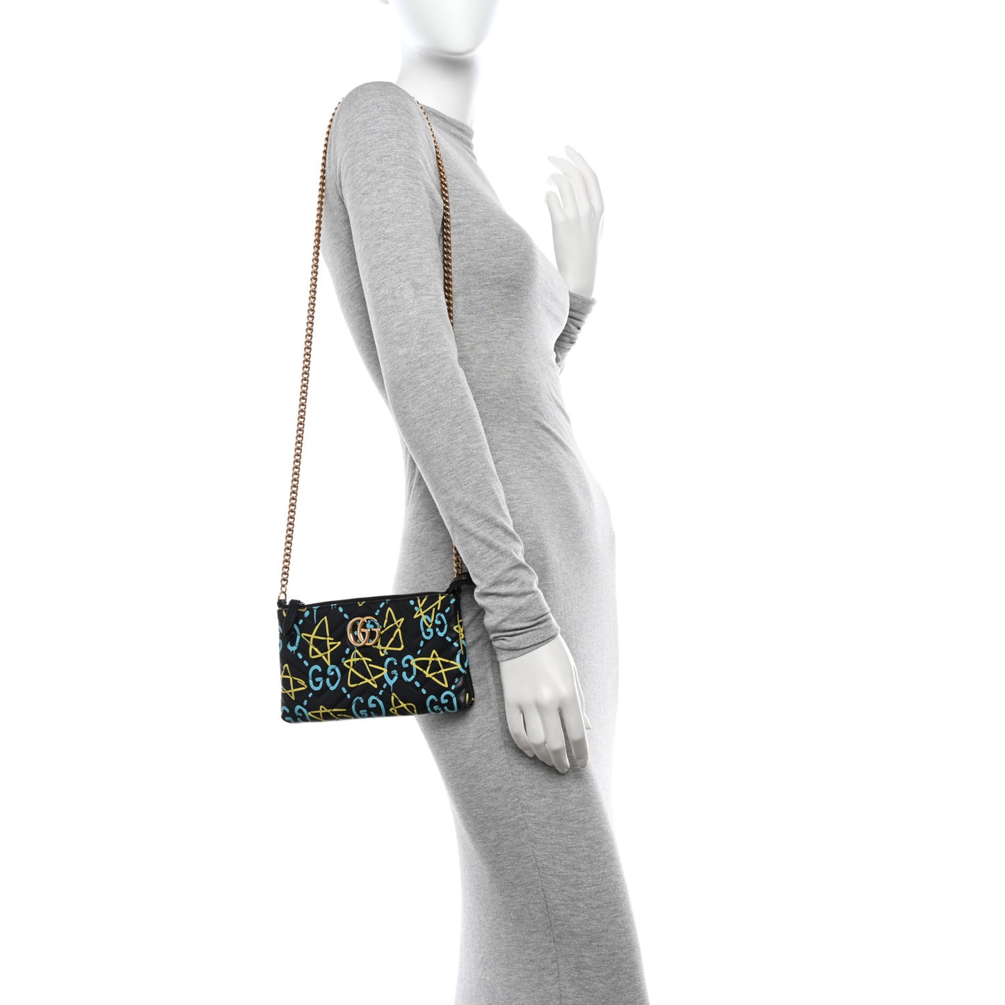 Calfskin Matelasse Printed Mini GucciGhost GG Marmont Chain Bag Black New Acquamarine