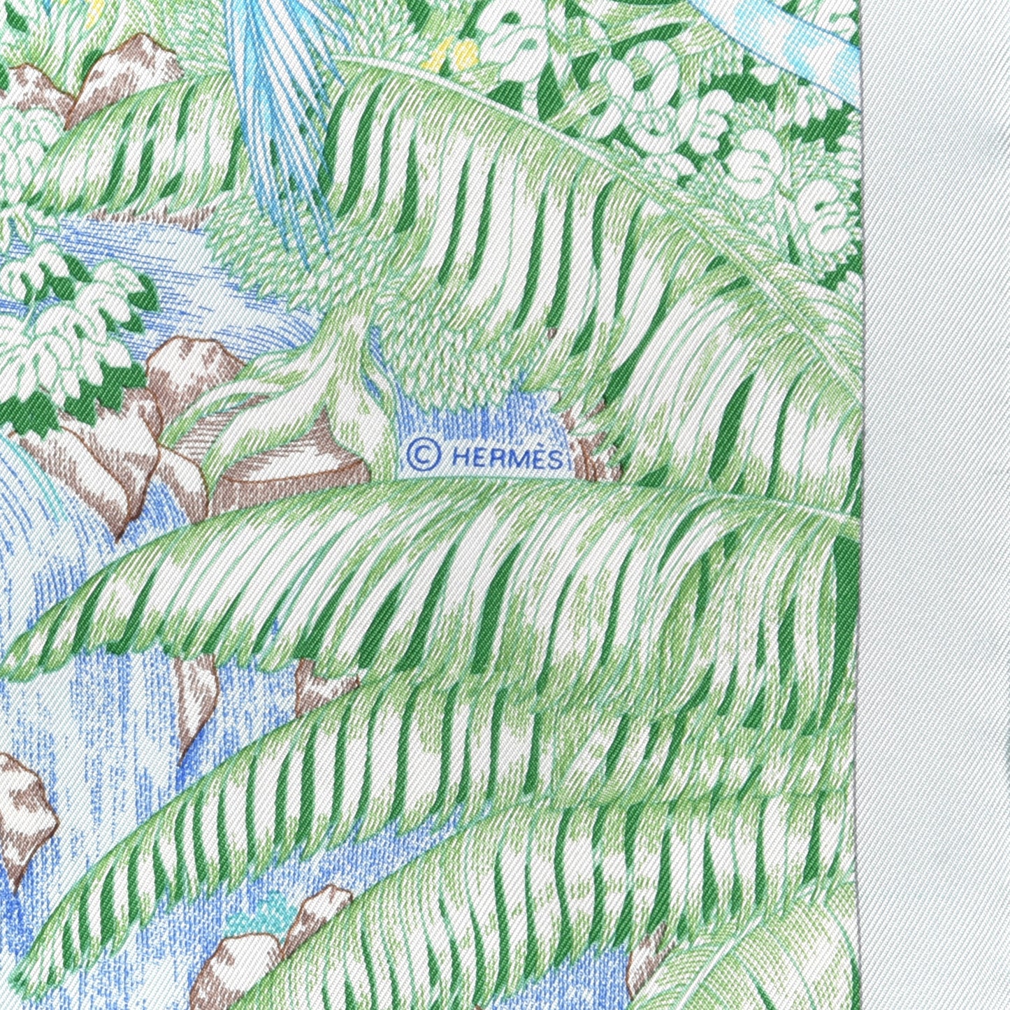 Silk Twill Faubourg Tropical Scarf 90 Bleu Vert Jaune