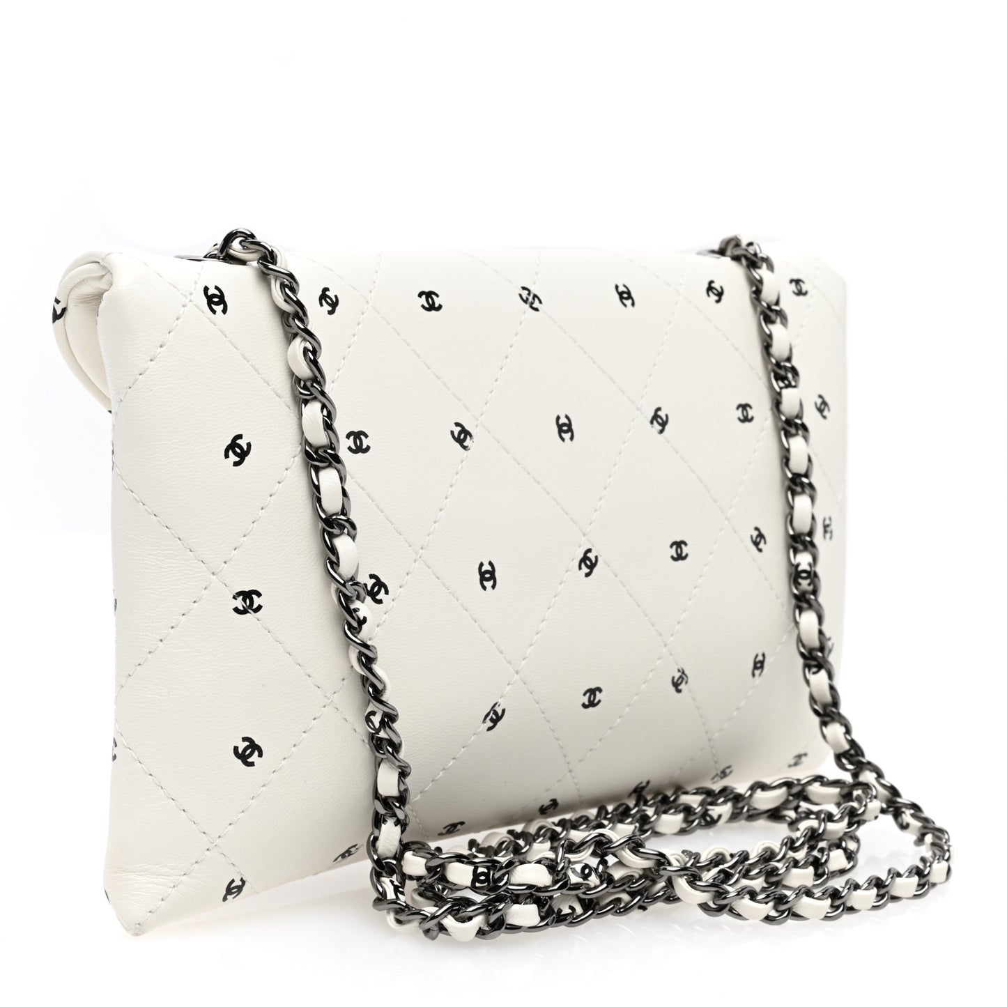 Printed Lambskin Logo CC Envelope Clutch With Chain White