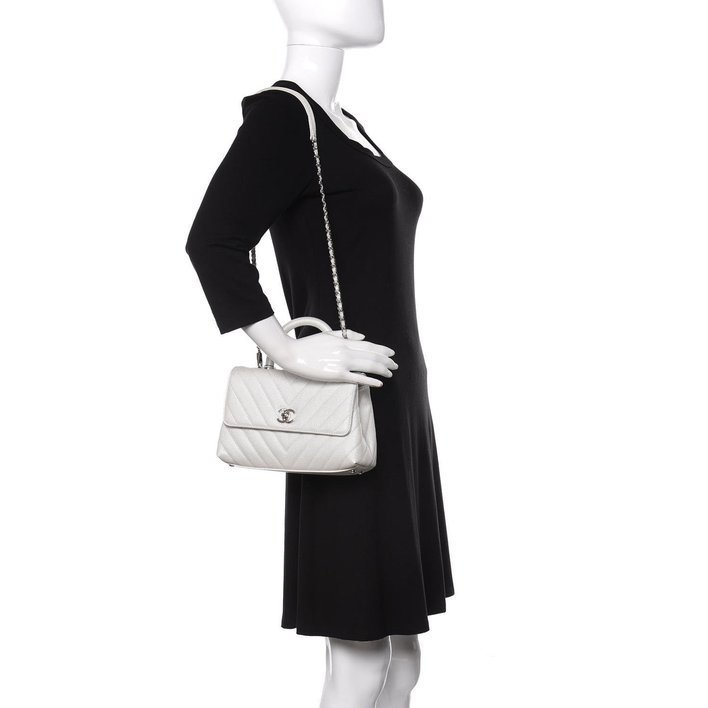 Iridescent Caviar Chevron Quilted Mini Coco Handle Flap White
