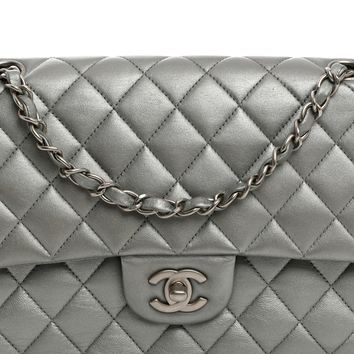 Metallic Lambskin Quilted Medium Double Flap Silver