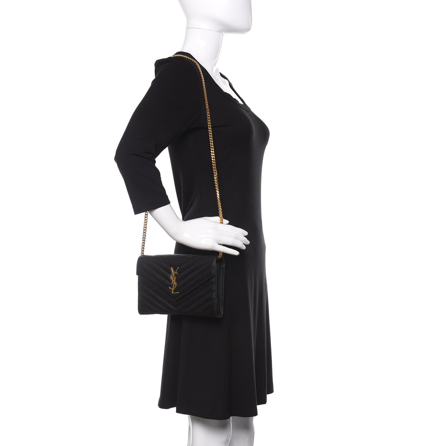 Saint Laurent Grain De Poudre Matelasse Chevron Monogram Chain Wallet Black 2 of 9