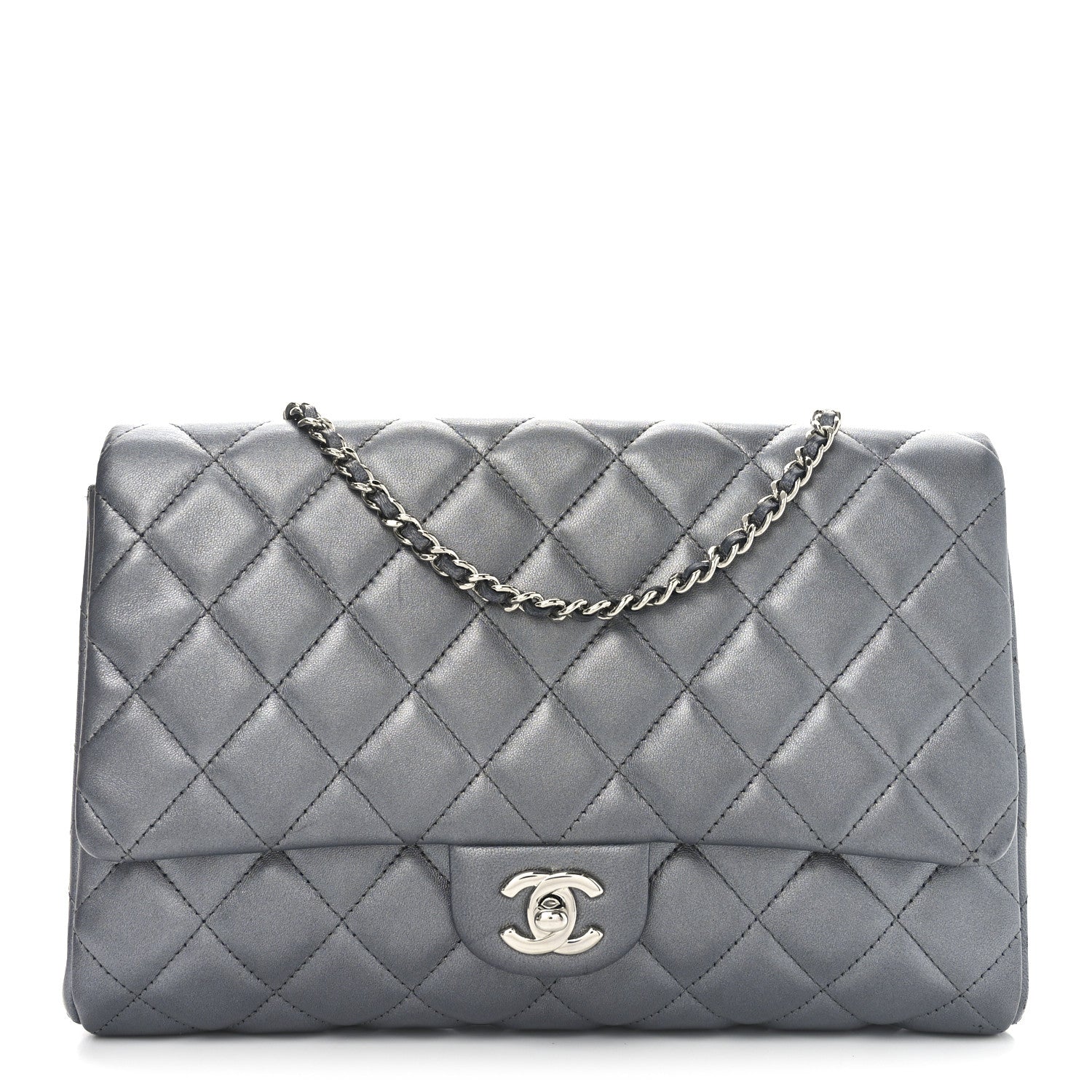 Chanel Metallic Lambskin Quilted Clutch With Chain Flap Dark Grey