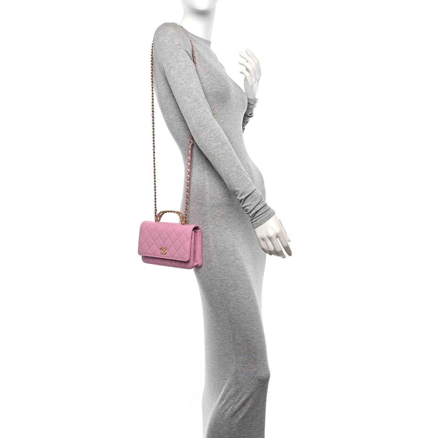 Shiny Caviar Quilted Pick Me Up Wallet On Chain WOC Pink