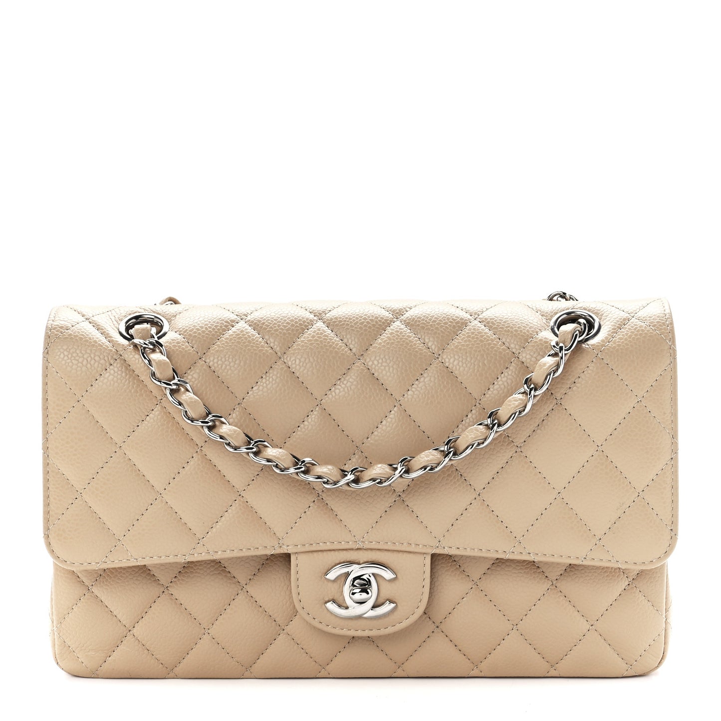 Caviar Quilted Medium Double Flap Beige