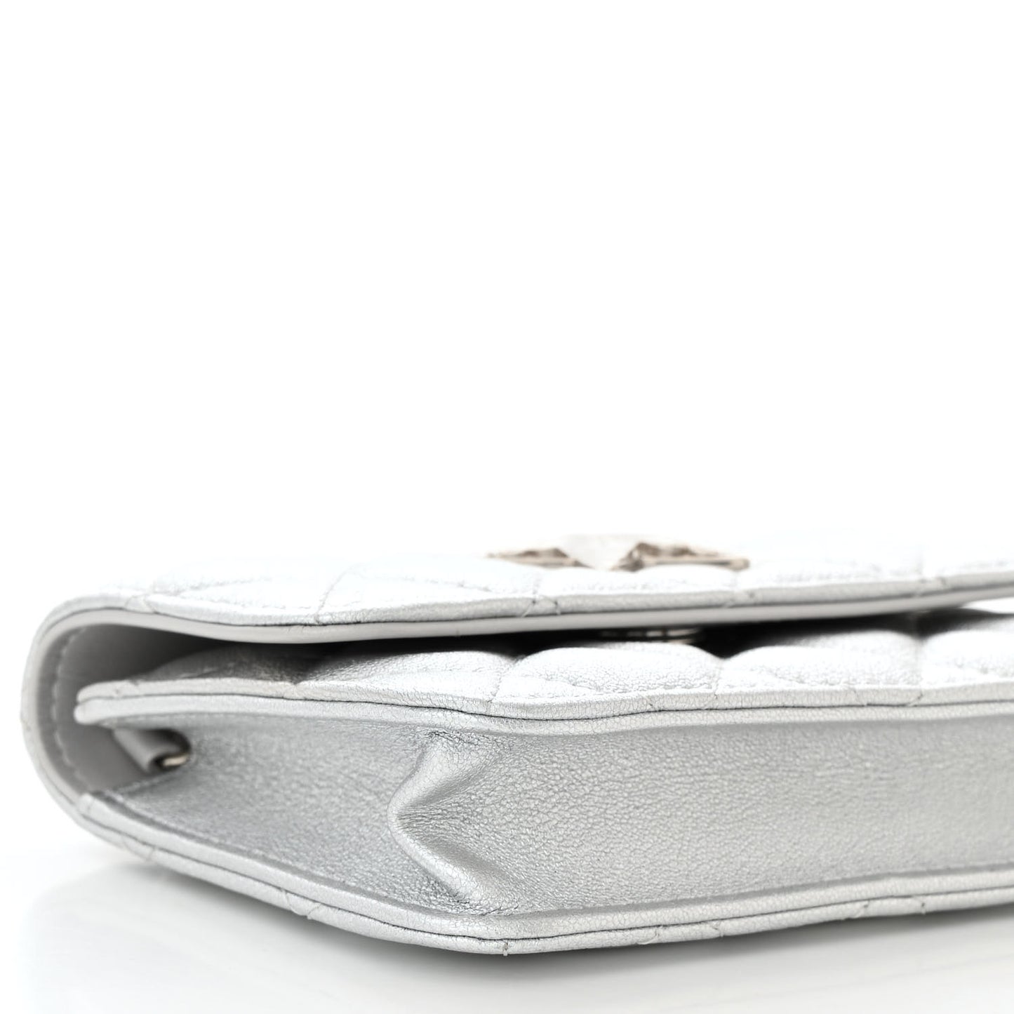 Metallic Goatskin Quilted Crystal CC Walk Of Fame Clutch With Chain Silver