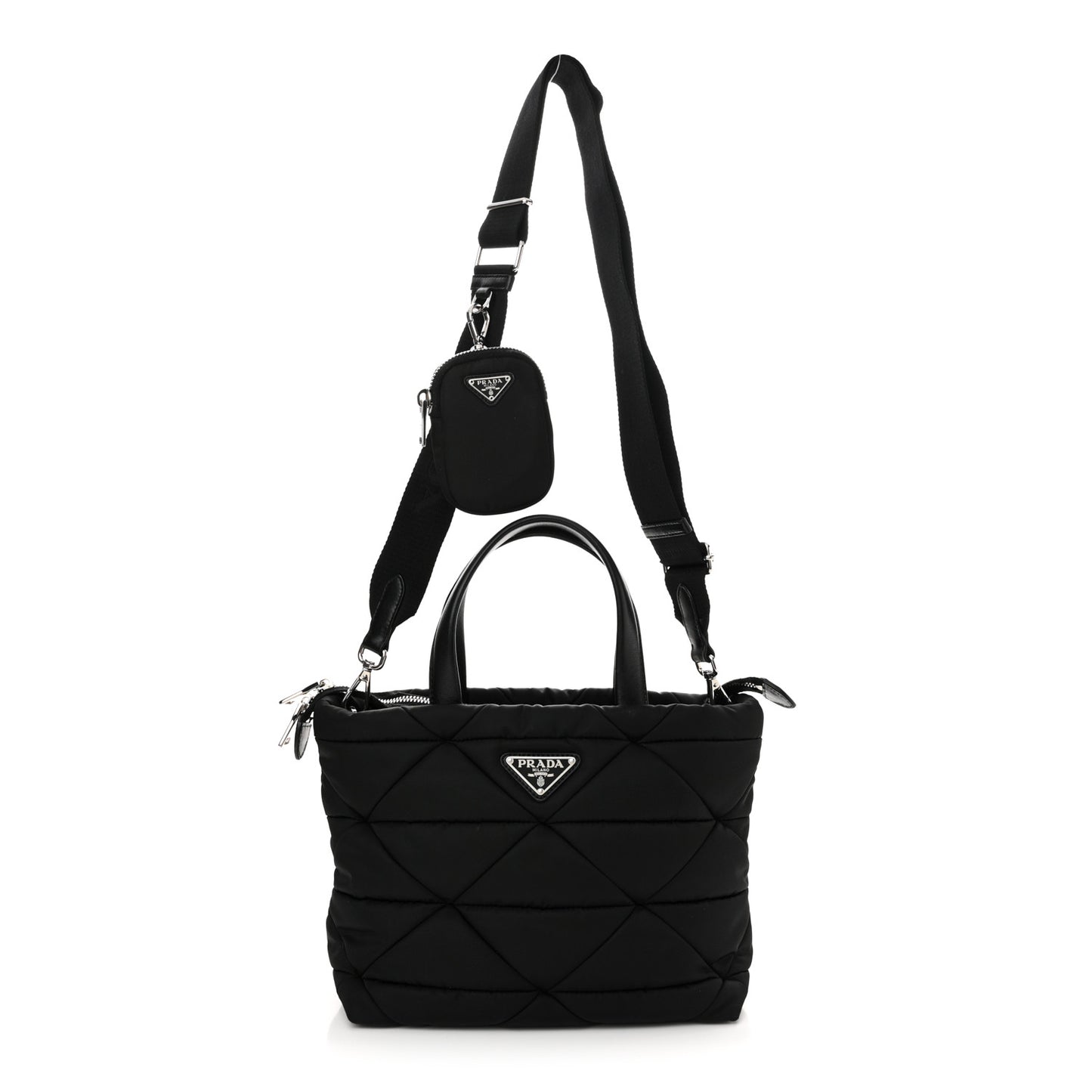 Re-Nylon Nappa Triangle Quilted Padded Double Handled Zip Pocket Tote Black