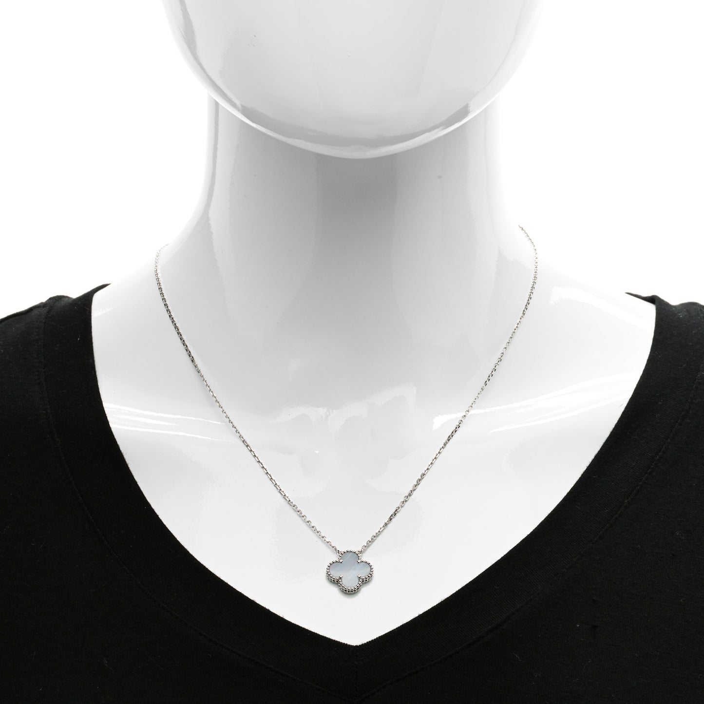 18K White Gold Chalcedony Vintage Alhambra Pendant Necklace