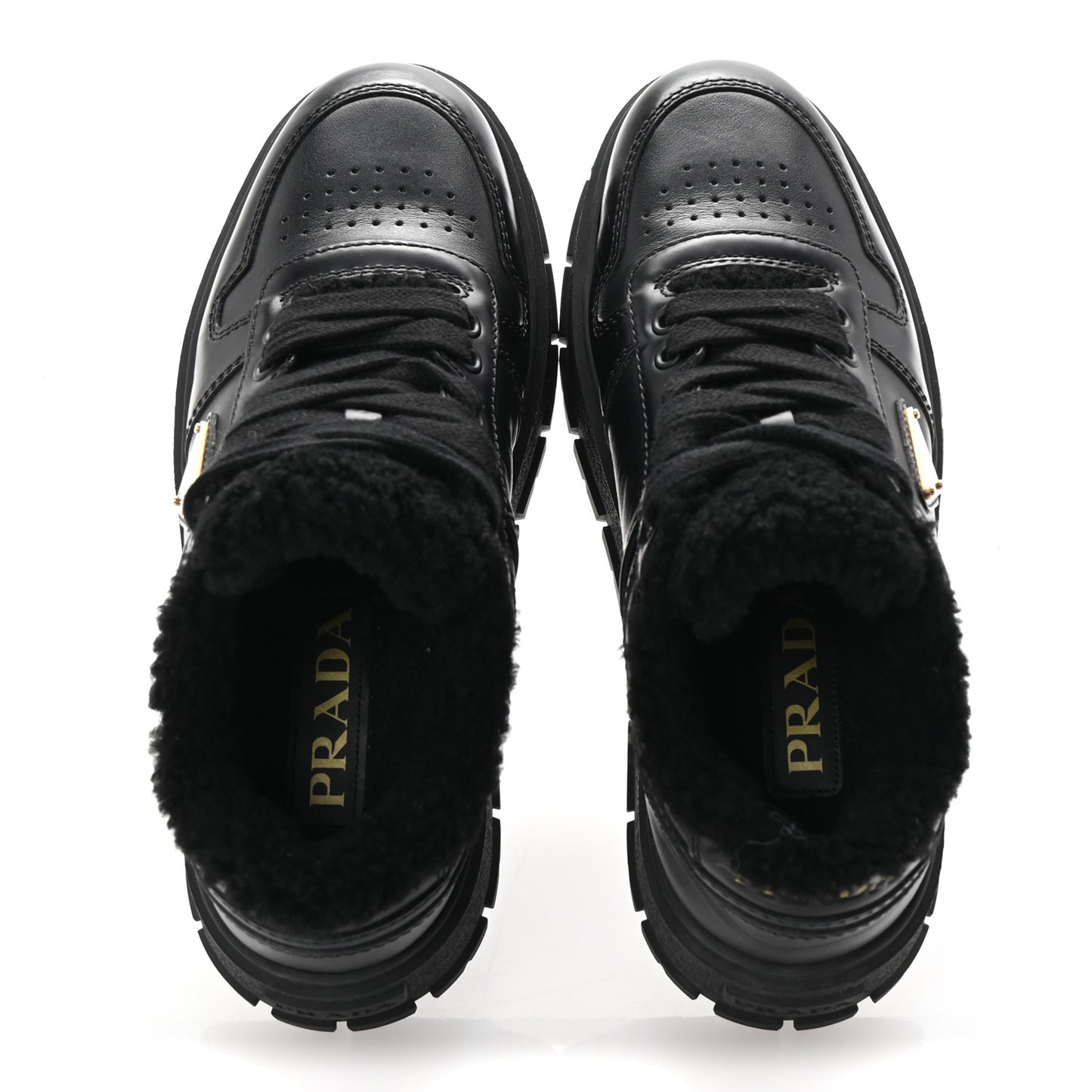 Calfskin Shearling Metal Triangle Logo Sneakers 35.5 Black