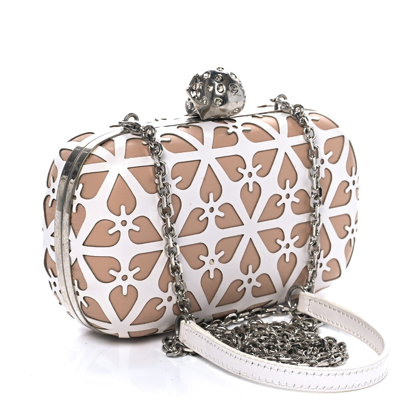 Nappa Laser-Cut Skull Box Chain Clutch Nude White