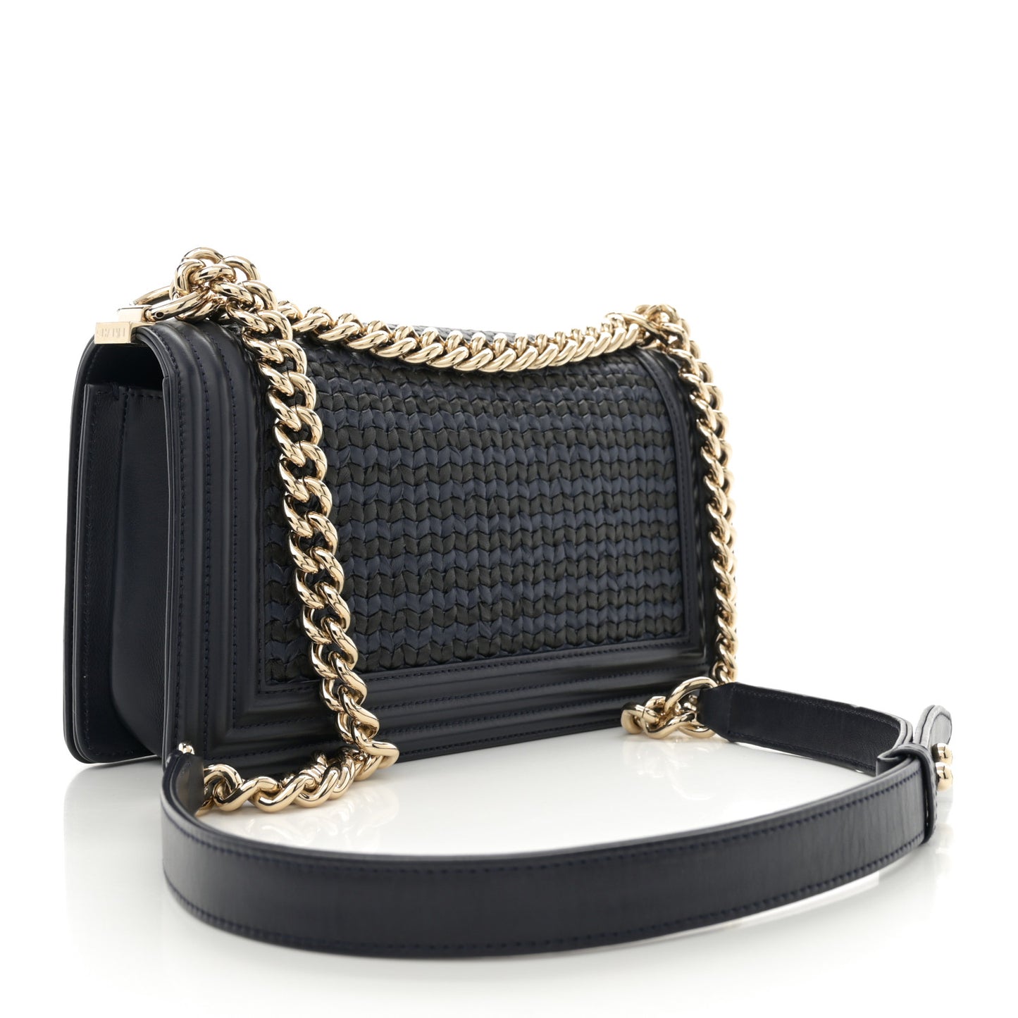 Lambskin Braided Woven Medium Boy Flap Navy Black