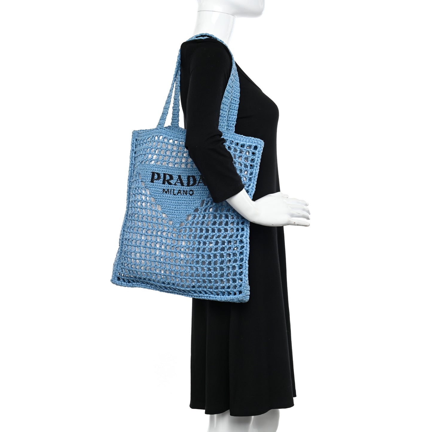 Yarn Raffia Effect Crochet Logo Embroidered Tote Bag Celeste