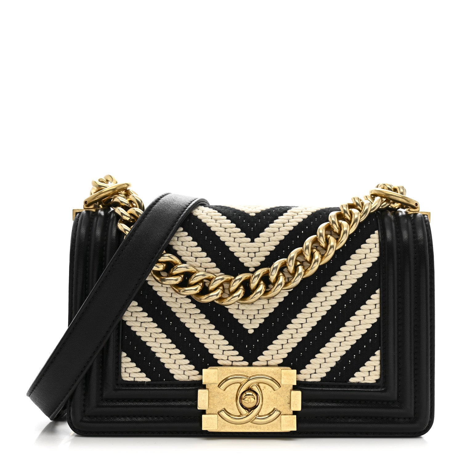 Chanel Fabric Chevron Braided Small Boy Flap Black White 1773585