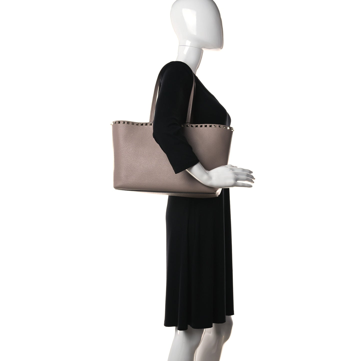 Grained Calfskin Rockstud Shoulder Tote Poudre