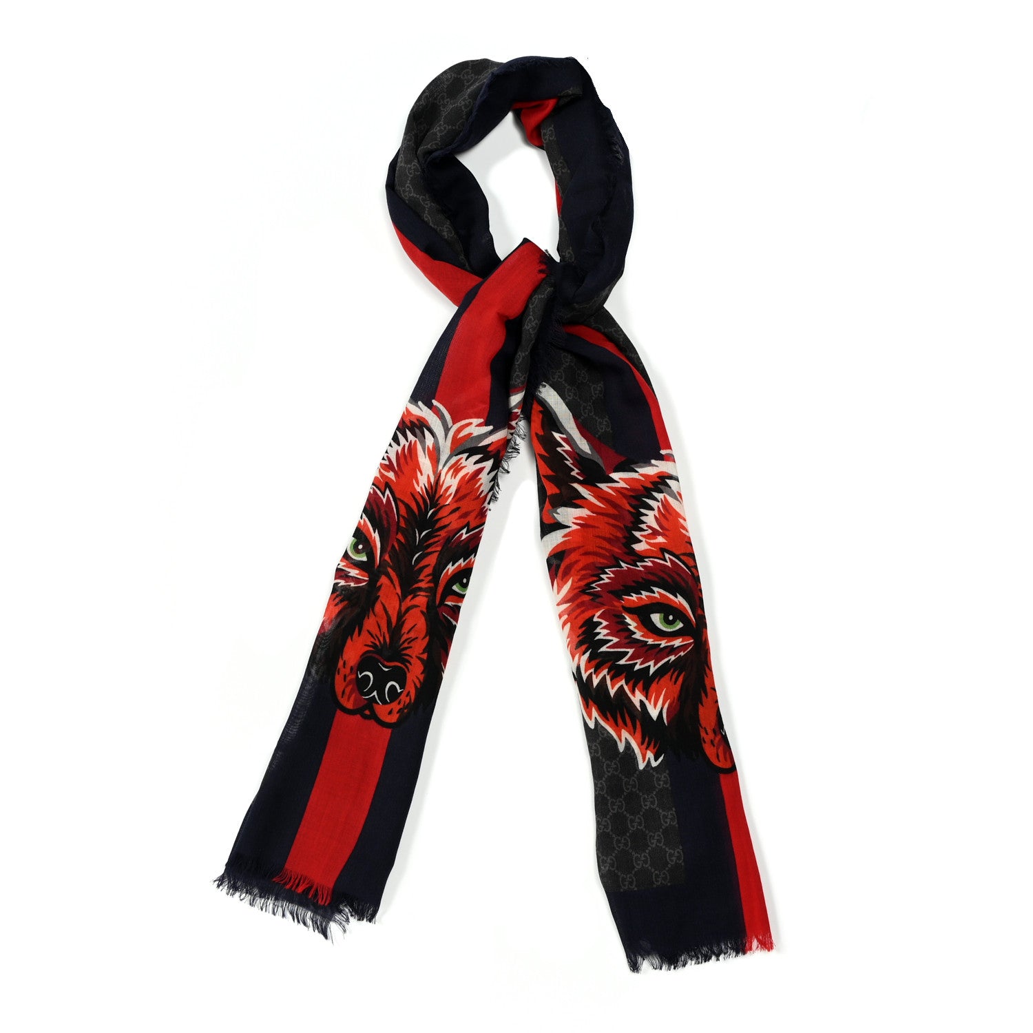 Gucci Wool Monogram Wolf Web Scarf Blue Red 1 of 5