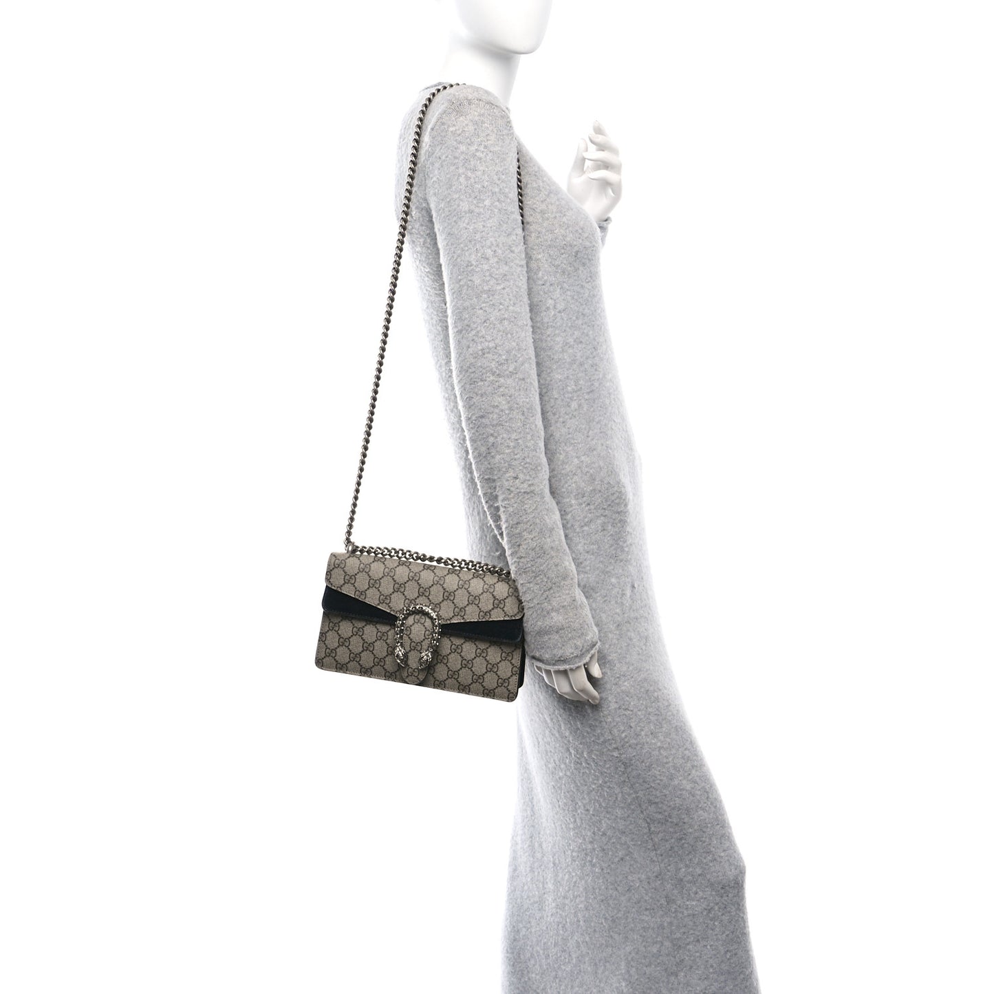 GG Supreme Monogram Suede Crystal Small Dionysus Shoulder Bag Beige Ebony Black