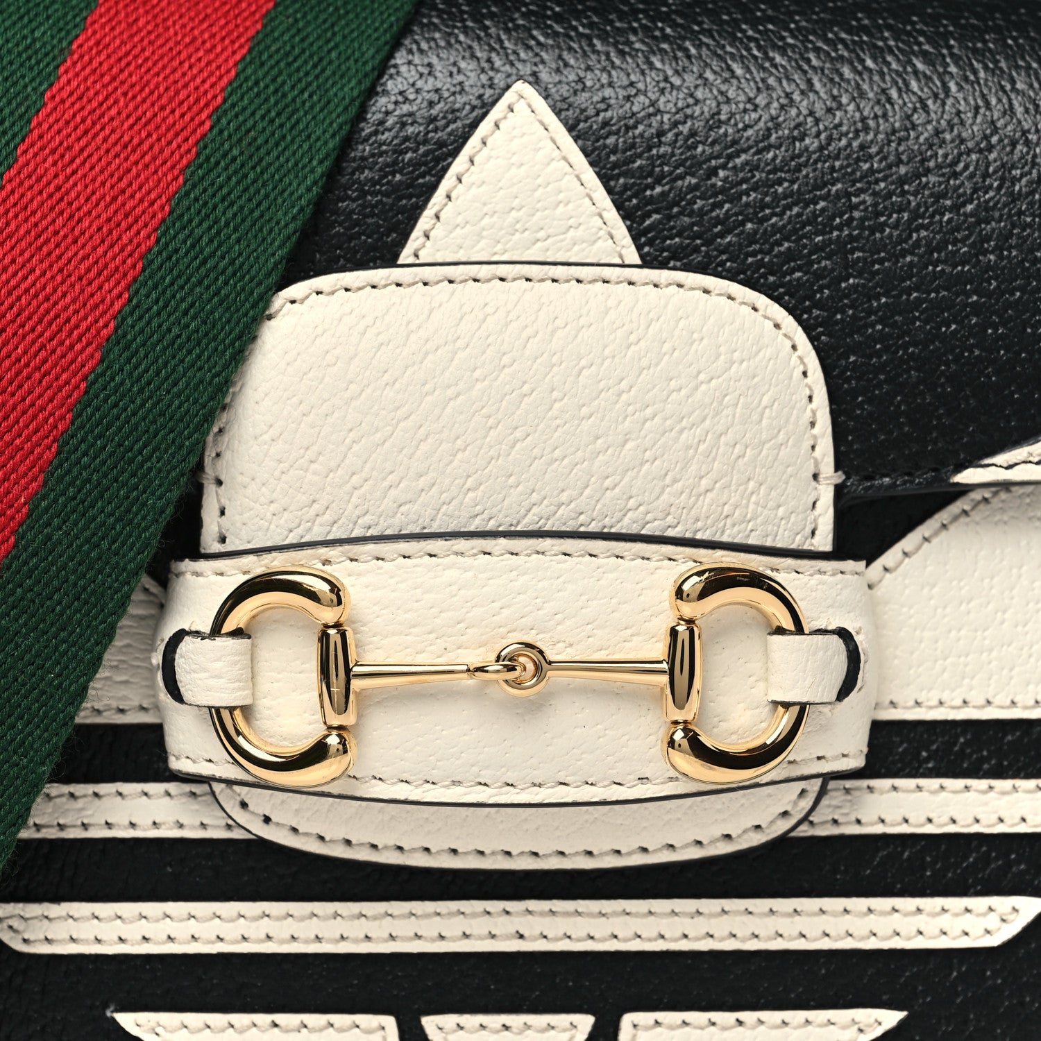 Gucci X ADIDAS Textured Dollar Calfskin Web Trefoil Mini Horsebit 1955 Shoulder Bag Black Off White 8 of 10