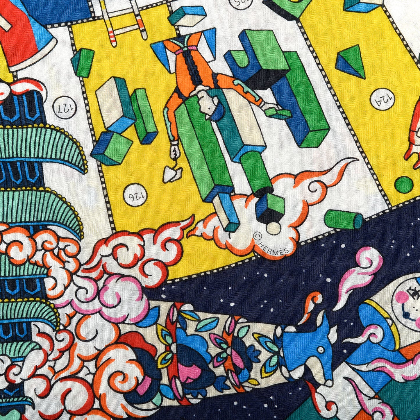Cashmere Silk L'Epopee D'Hermes Shawl 140 Bleu Jaune Multicolore