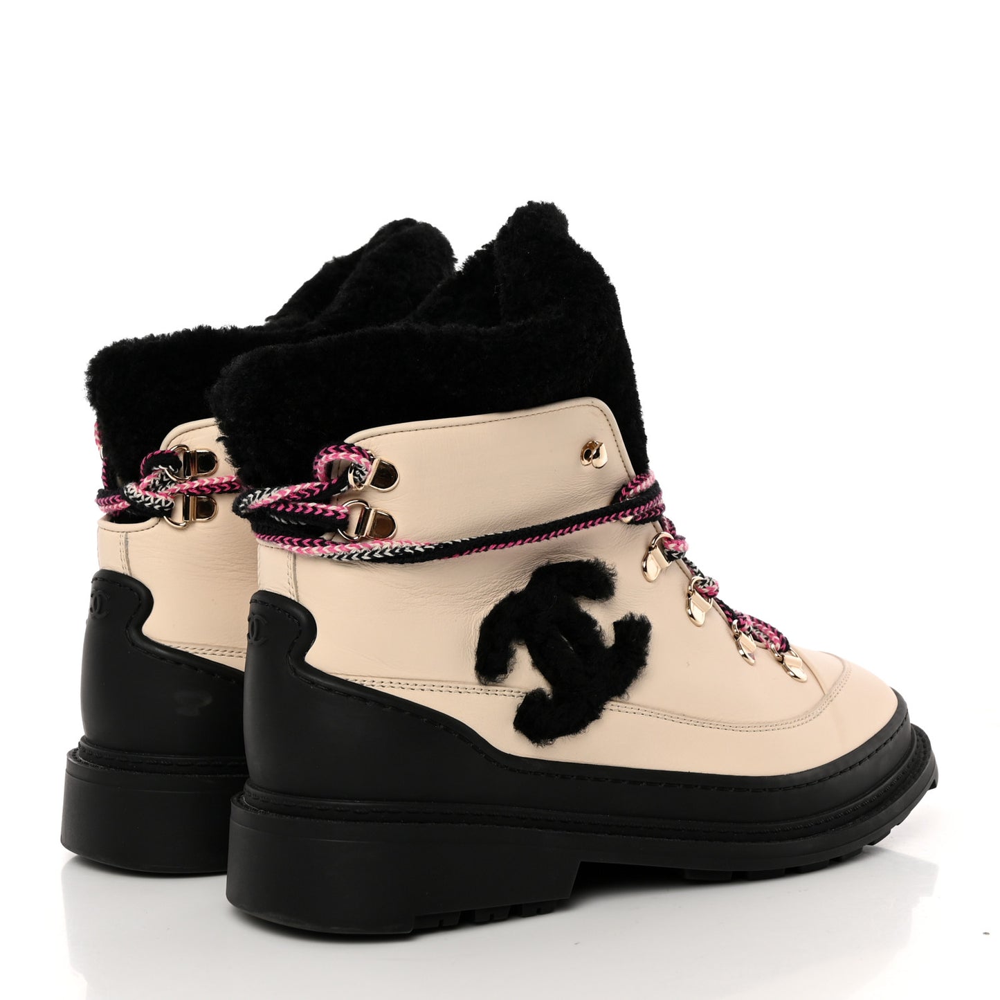 Calfskin Shearling CC Lace Up Boots 39 Black White