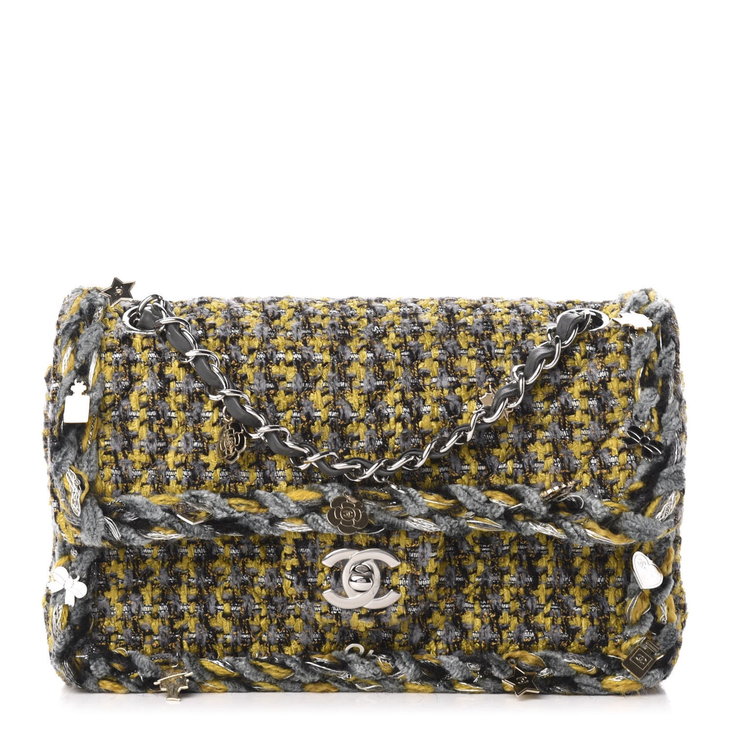 Tweed Braided Charms Small Flap Yellow Grey Black