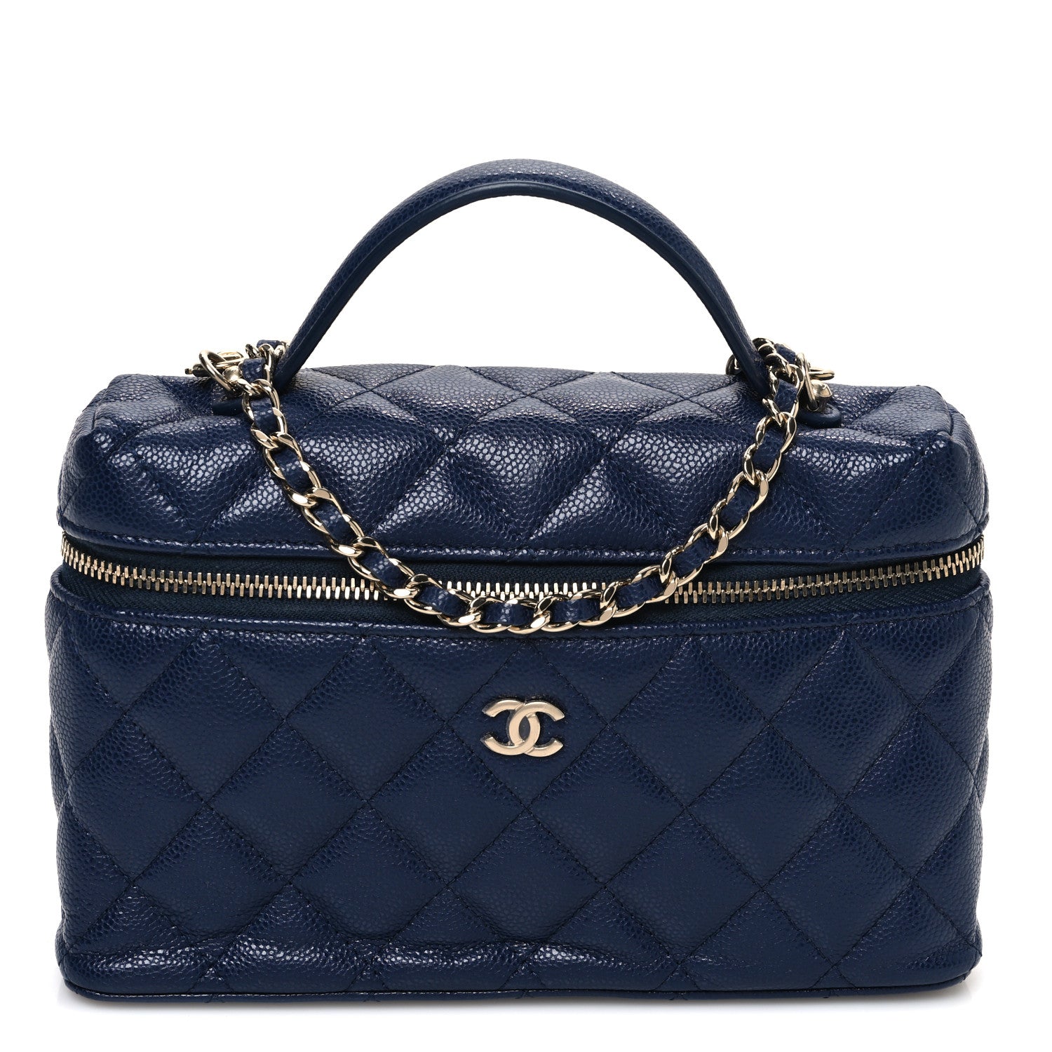 CHANEL ネイビー キルティング バッグ Chanel Caviar Quilted Top Handle Slim Vanity With Chain Navy