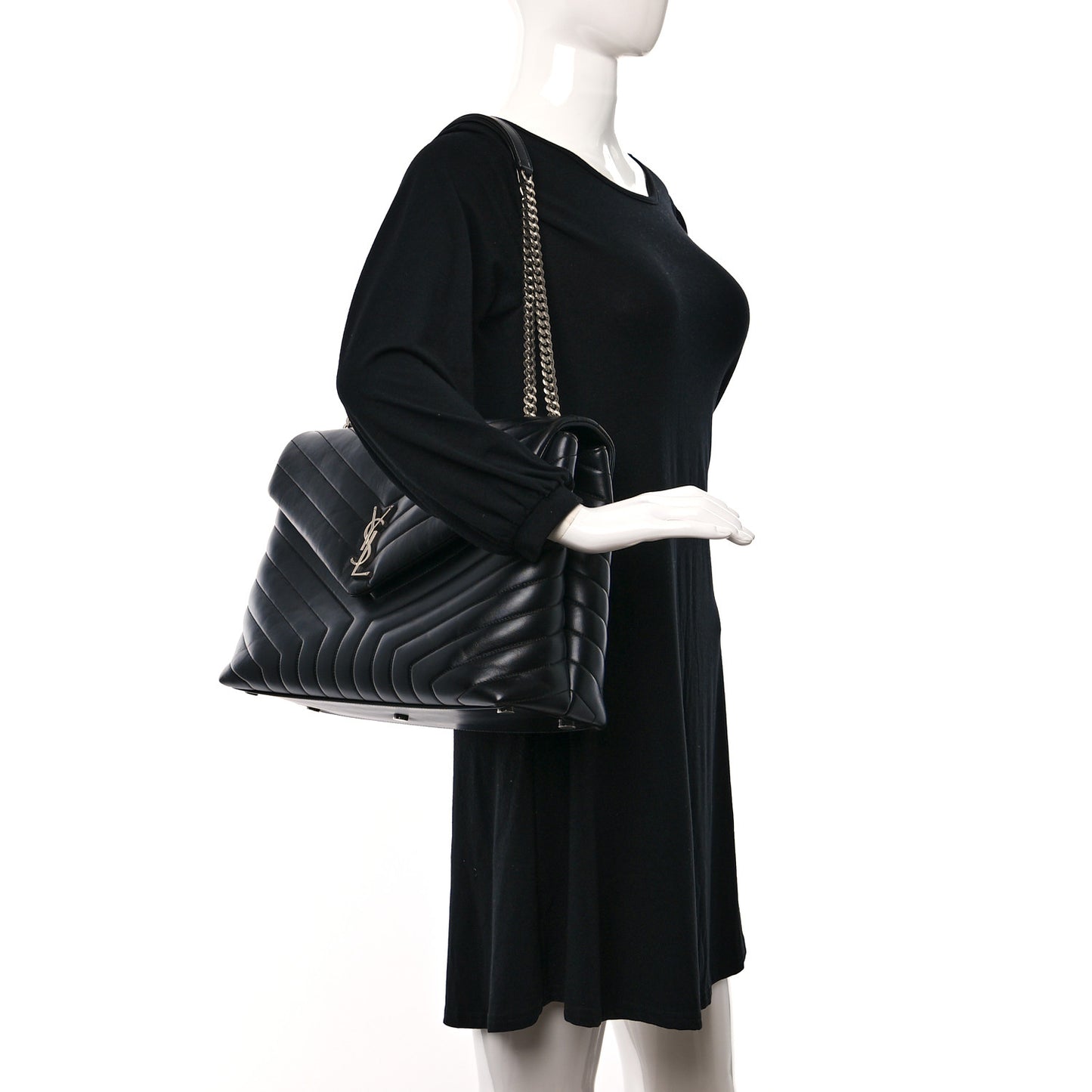 Calfskin Y Quilted Monogram Large Loulou Chain Satchel Black