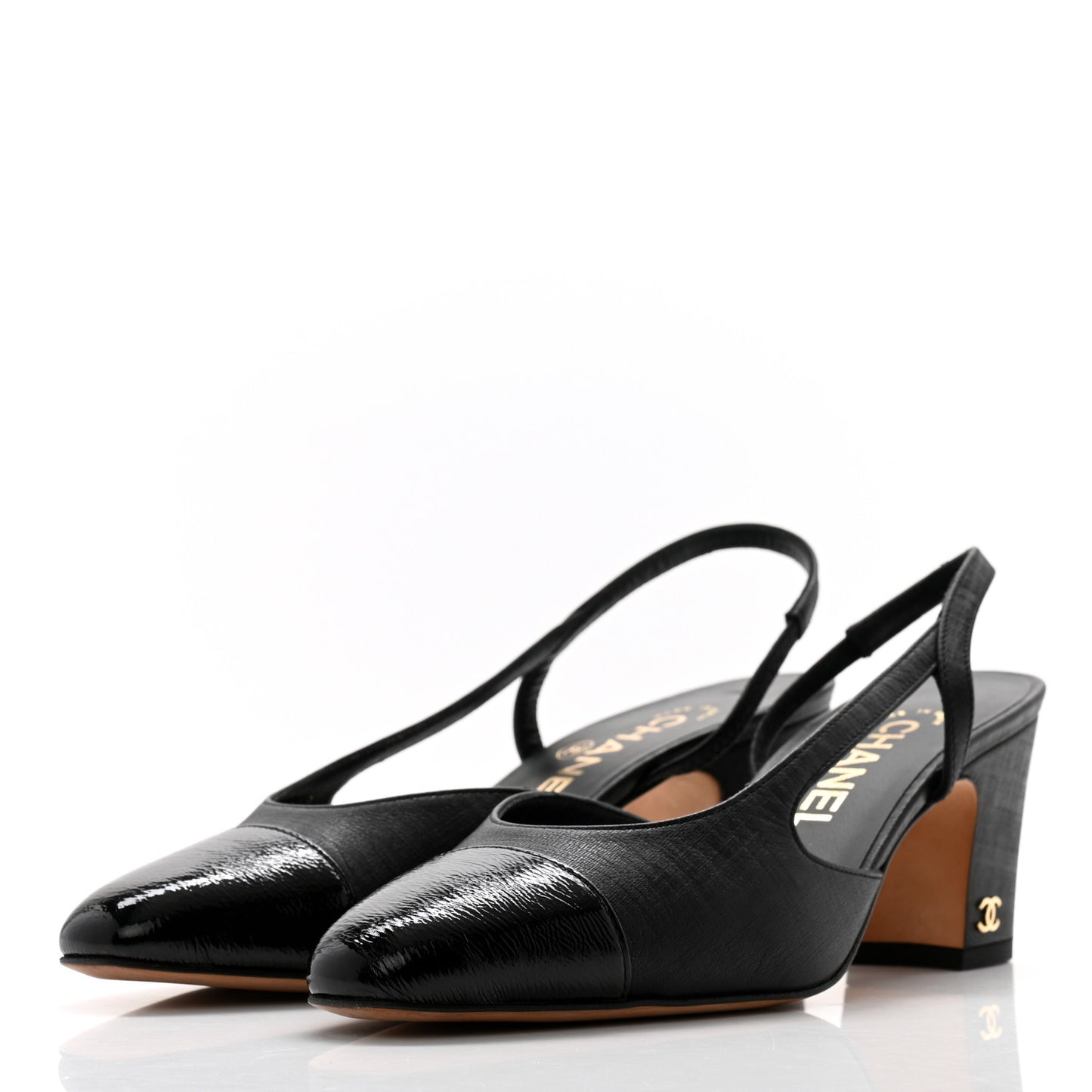 Textured Calfskin Glazed Goatskin Cap CC Slingback Pumps 36 Black
