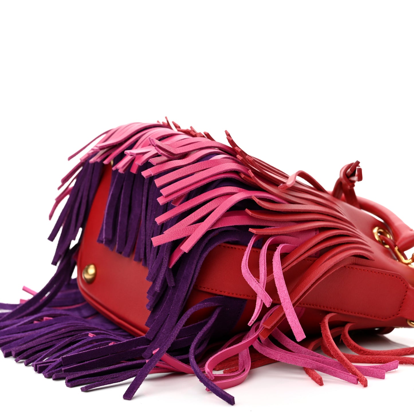 Calfskin Tri-Color Small Emmanuelle Fringe Bucket Bag Red Bubblegum Purple