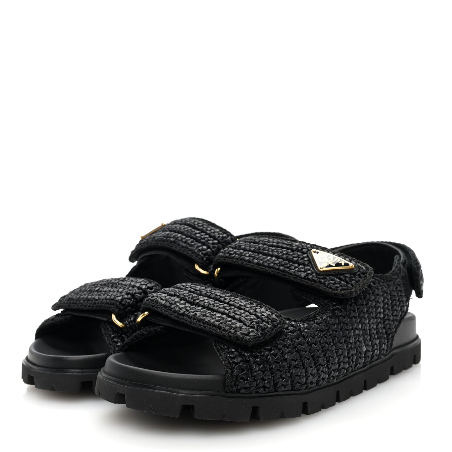 Raffia Metal Triangle Logo Crochet Cage Sandals 39 Black