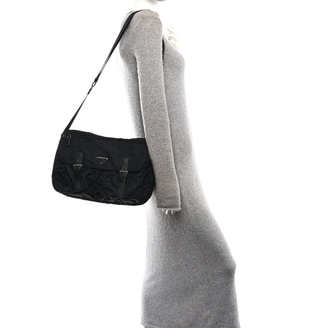 Tessuto Nylon Saffiano Double Buckle Messenger Shoulder Bag Black