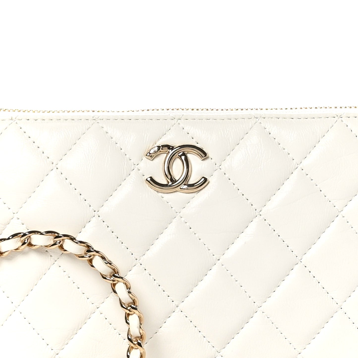 Shiny Crumpled Calfskin Quilted Clutch Bag White