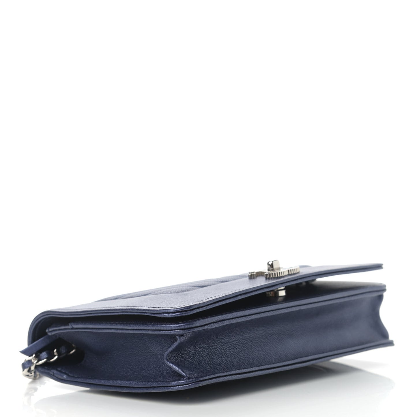 Metallic Sheepskin Chevron Quilted Vintage Mademoiselle Wallet On Chain WOC Navy