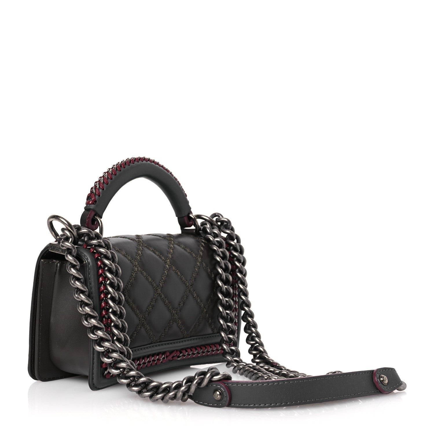 Chanel Calfskin Quilted Small Boy Top Handle Flap Grey Burgundy 3 of 13