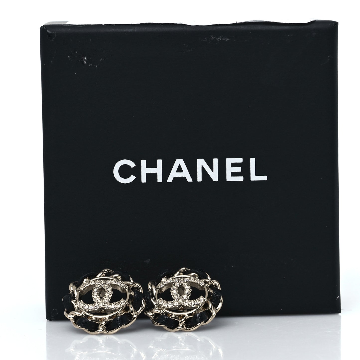 Crystal Lambskin Chain CC Stud Earrings Black Gold