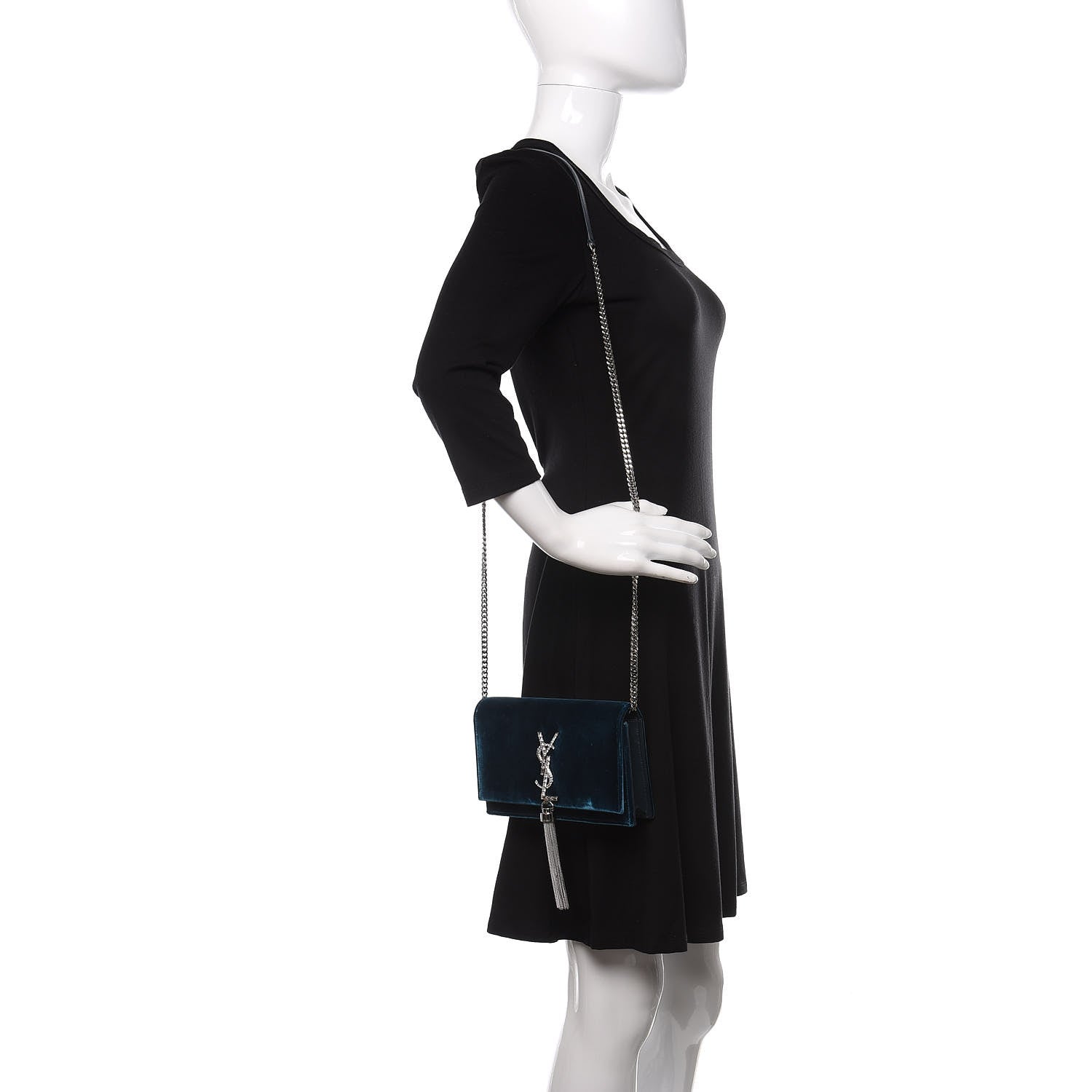 Saint Laurent Velvet Crystal Monogram Kate Tassel Chain Wallet Blue 2 of 9