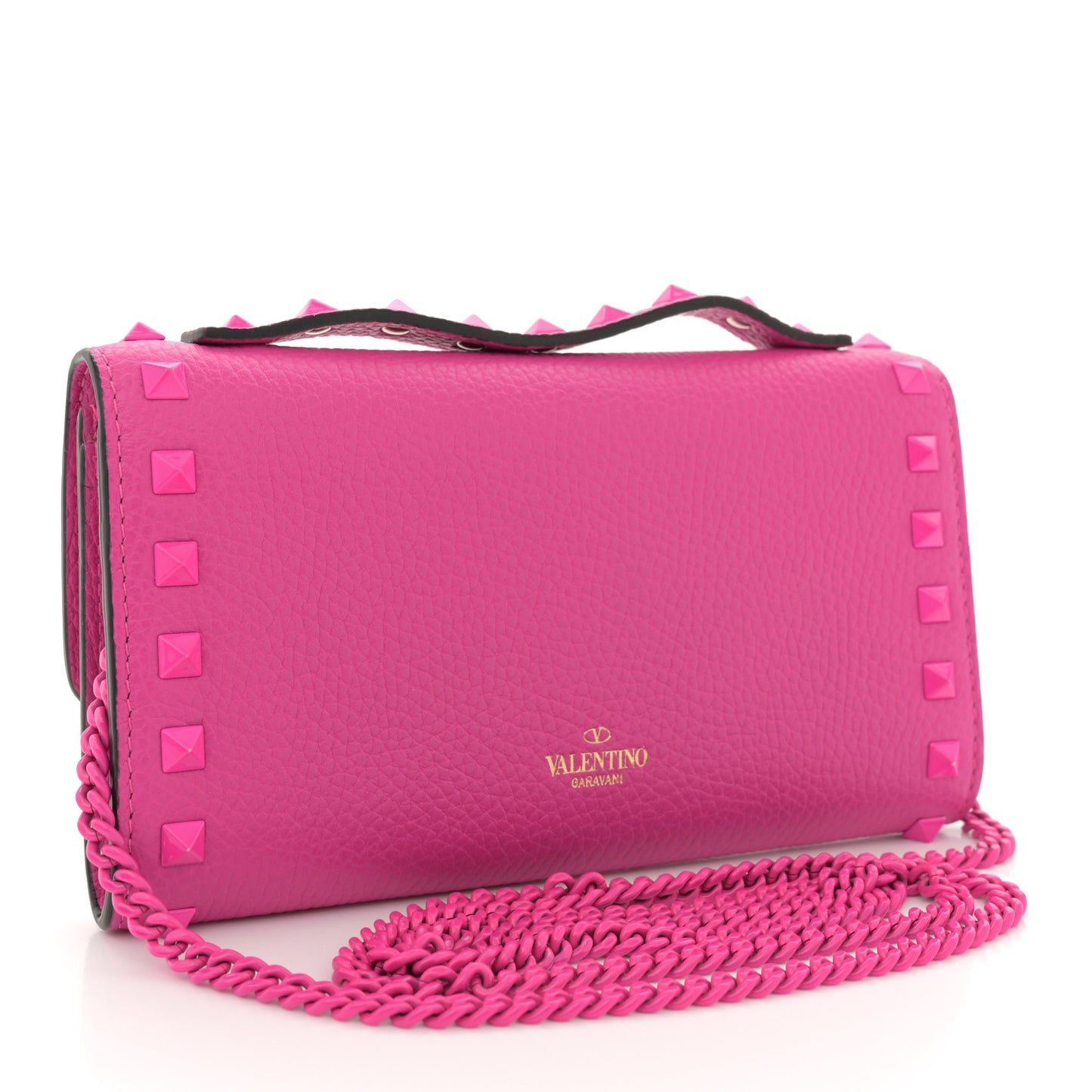 Pebbled Calfskin Enamel Monochrome Rockstud Flip Lock Flip Lock Wallet On Chain  Pink PP