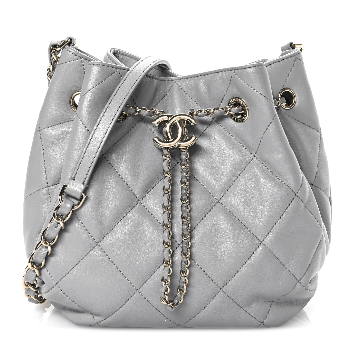 Lambskin Quilted CC Dweller Drawstring Bucket Bag Light Grey