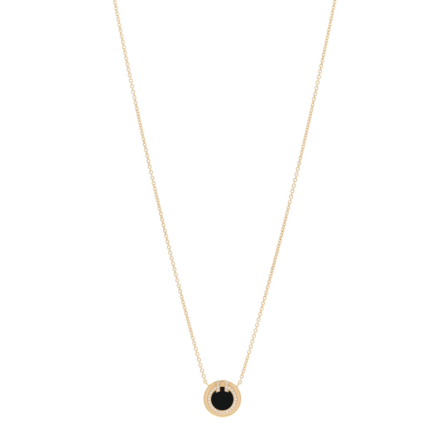 18K Yellow Gold Diamond Black Onyx Small T Circle Pendant Necklace