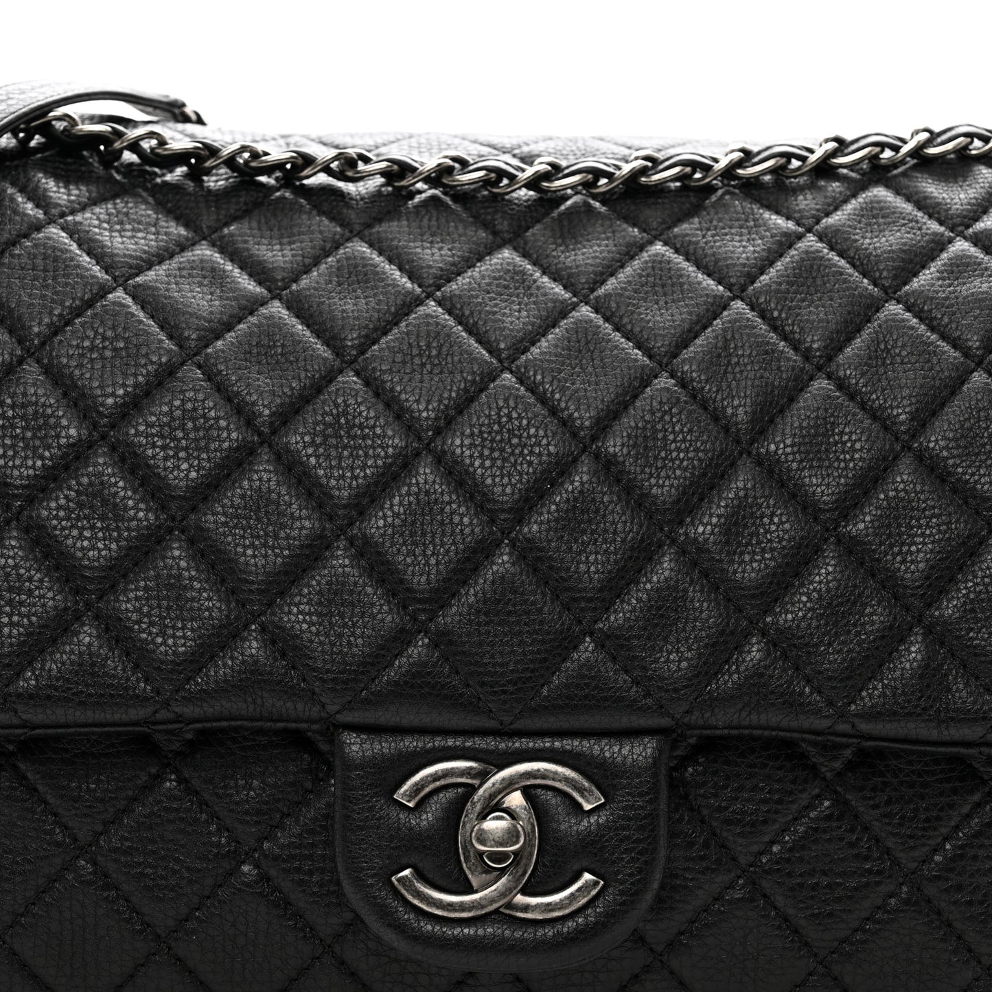 Grained Calfskin Quilted XXL Travel Flap Bag Black
