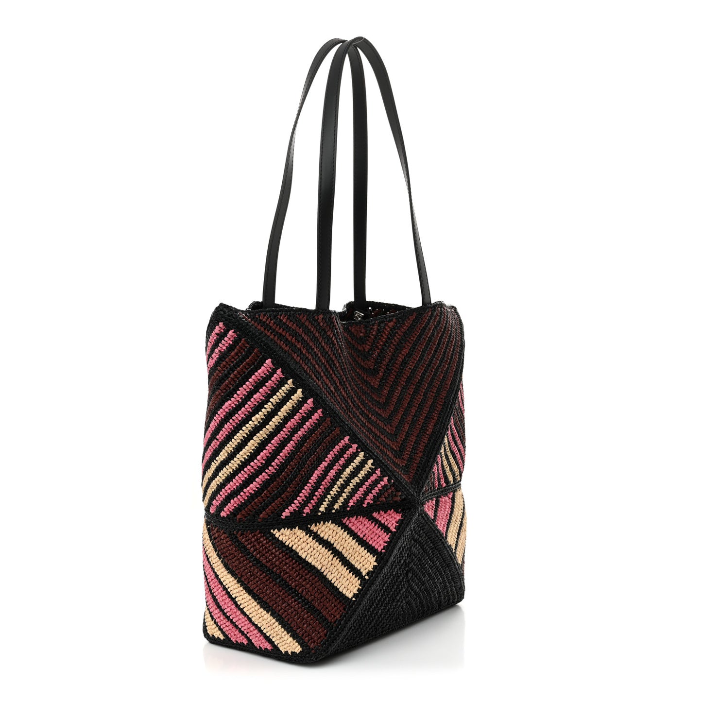Raffia Calfskin Paula's Ibiza Medium Puzzle Fold Tote Pink Burgundy