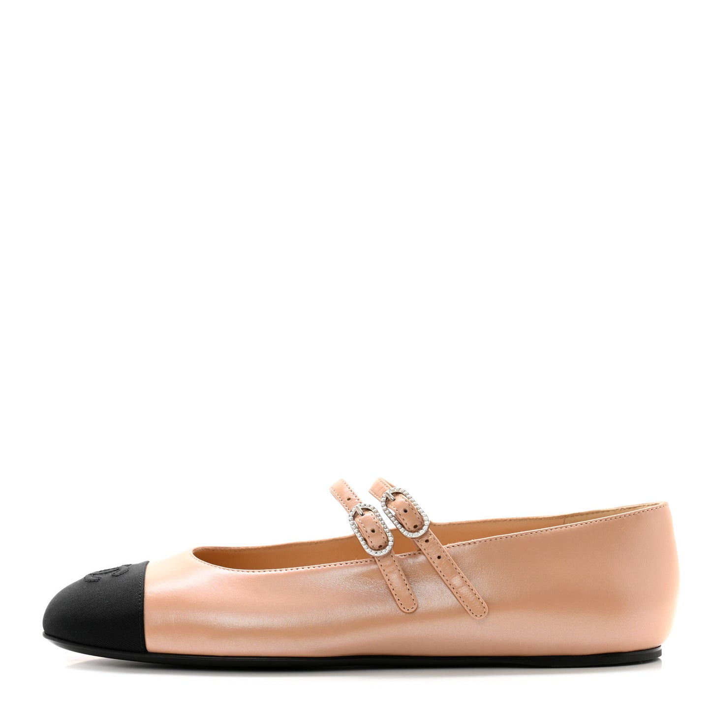 Lambskin Grosgrain Pearl Mary Jane Flats 38.5 Beige Black