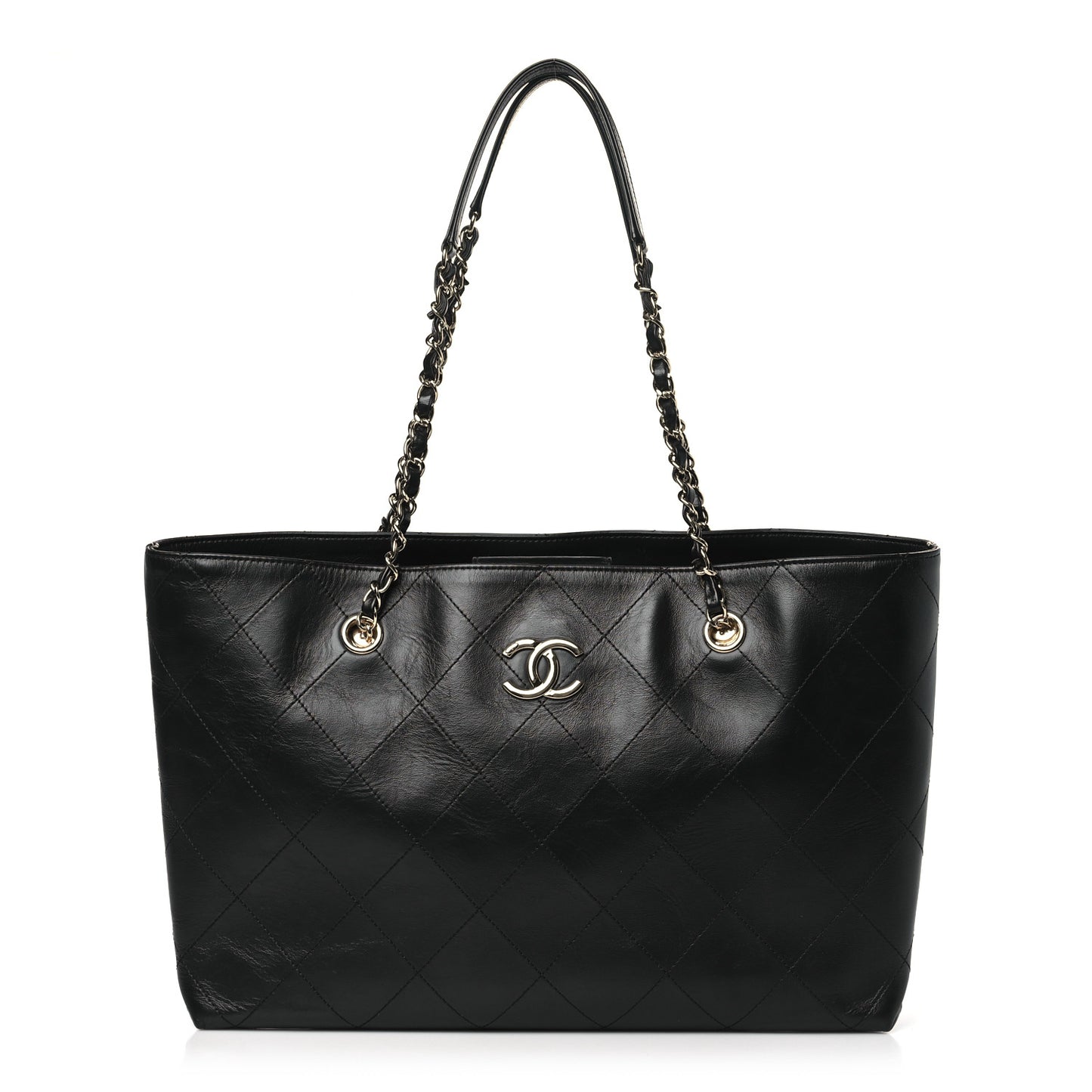 Glazed Calfskin Stitched Shopping Tote Black