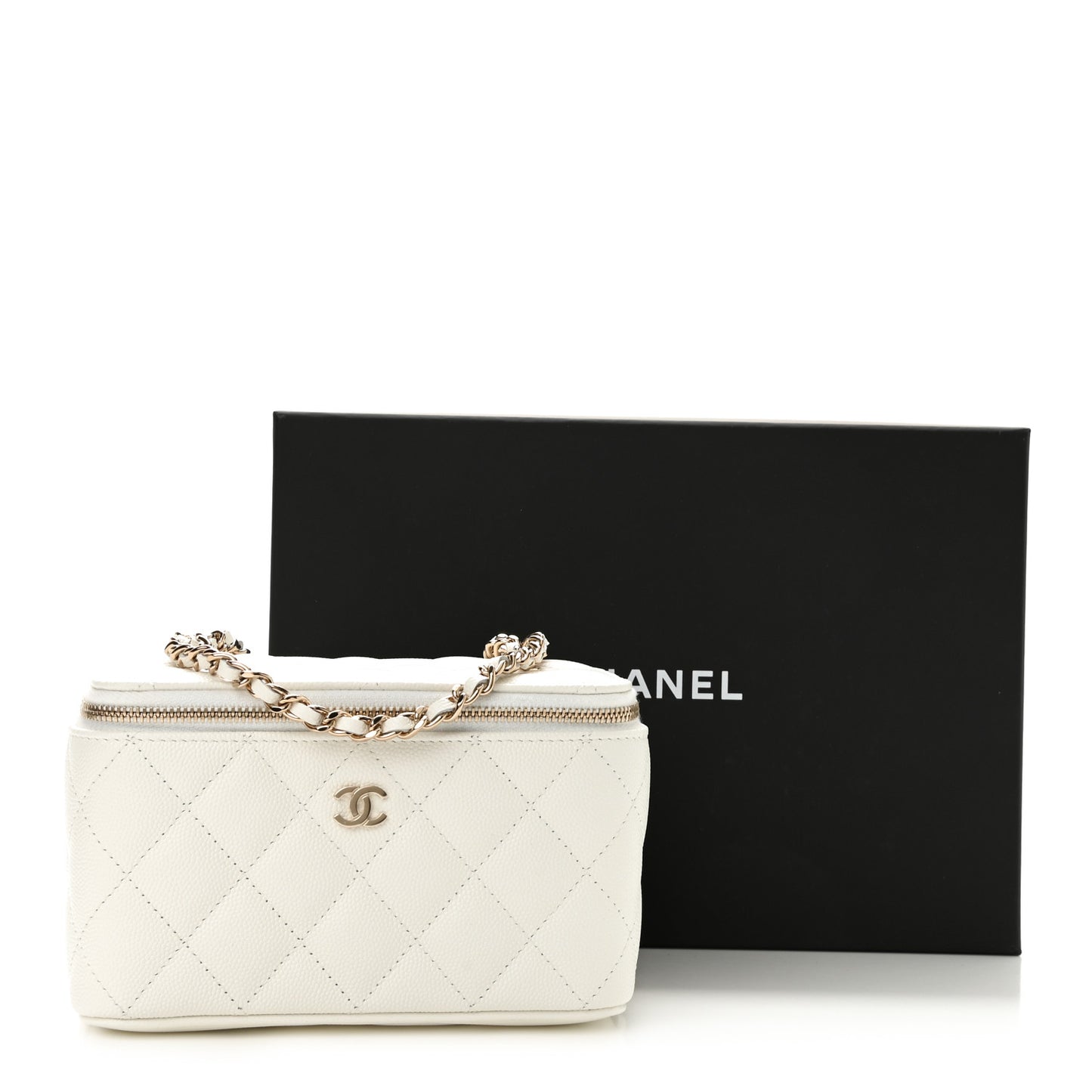 Caviar Quilted Small Vanity Case With Chain White