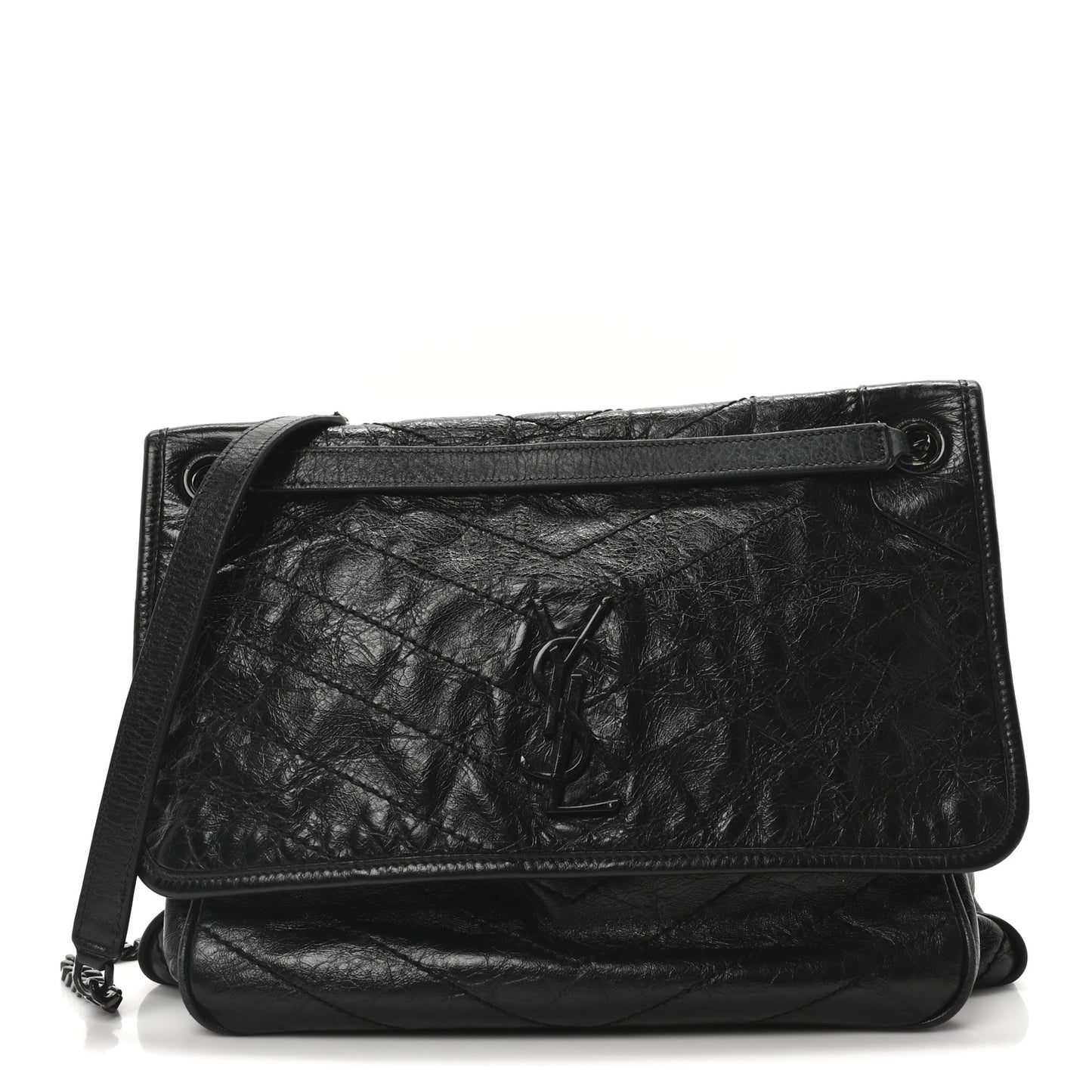 Crinkled Calfskin Matelasse Monogram Large Niki Chain Satchel Black