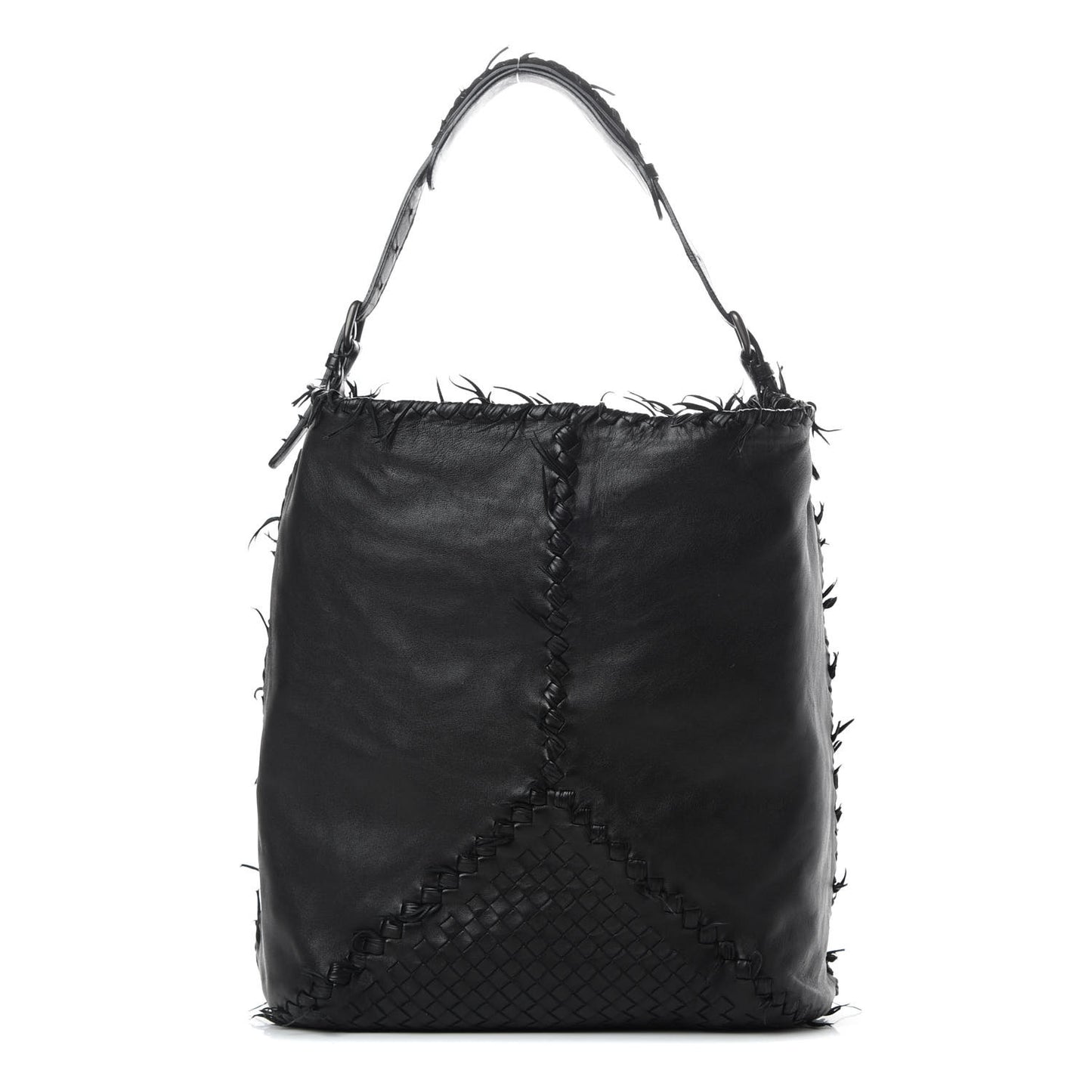 Nappa Intrecciato Large Fringe Shoulder Bag Black