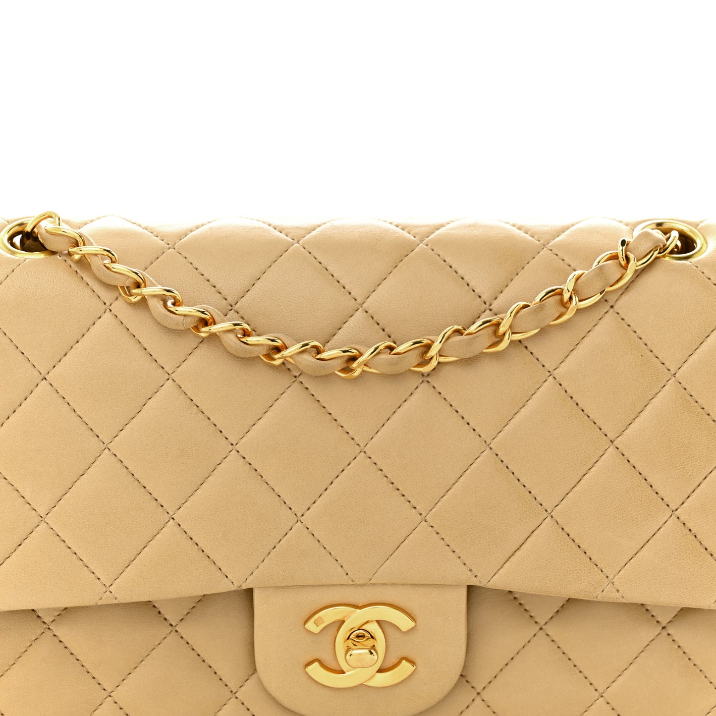 Lambskin Quilted Medium Double Flap Beige