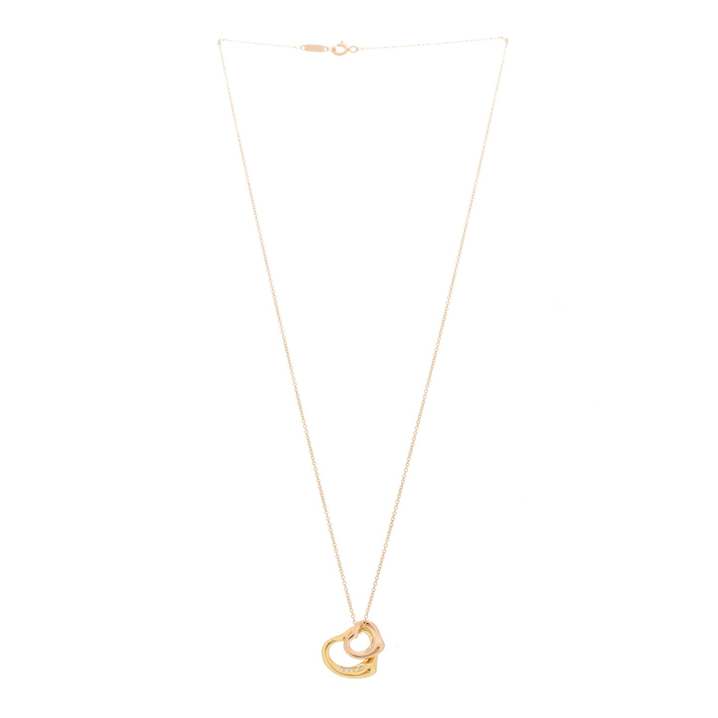 18K Rose Yellow Gold Diamond Elsa Peretti Two Open Heart Pendant Necklace