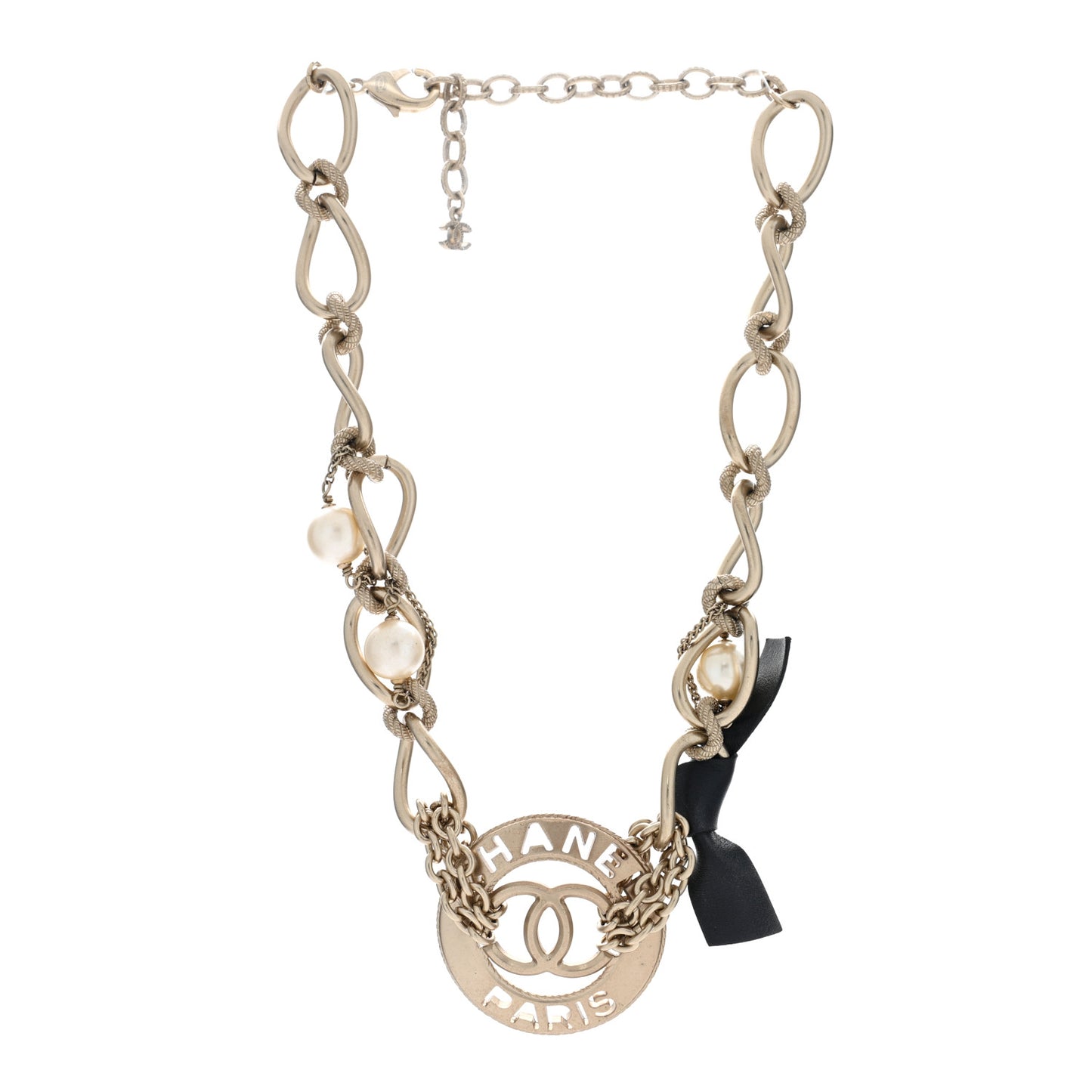 Metal Pearl Chain CC Paris Pendant Necklace Light Gold