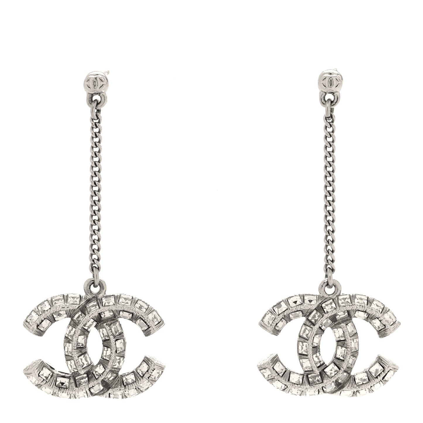 Baguette Crystal CC Drop Earrings Silver